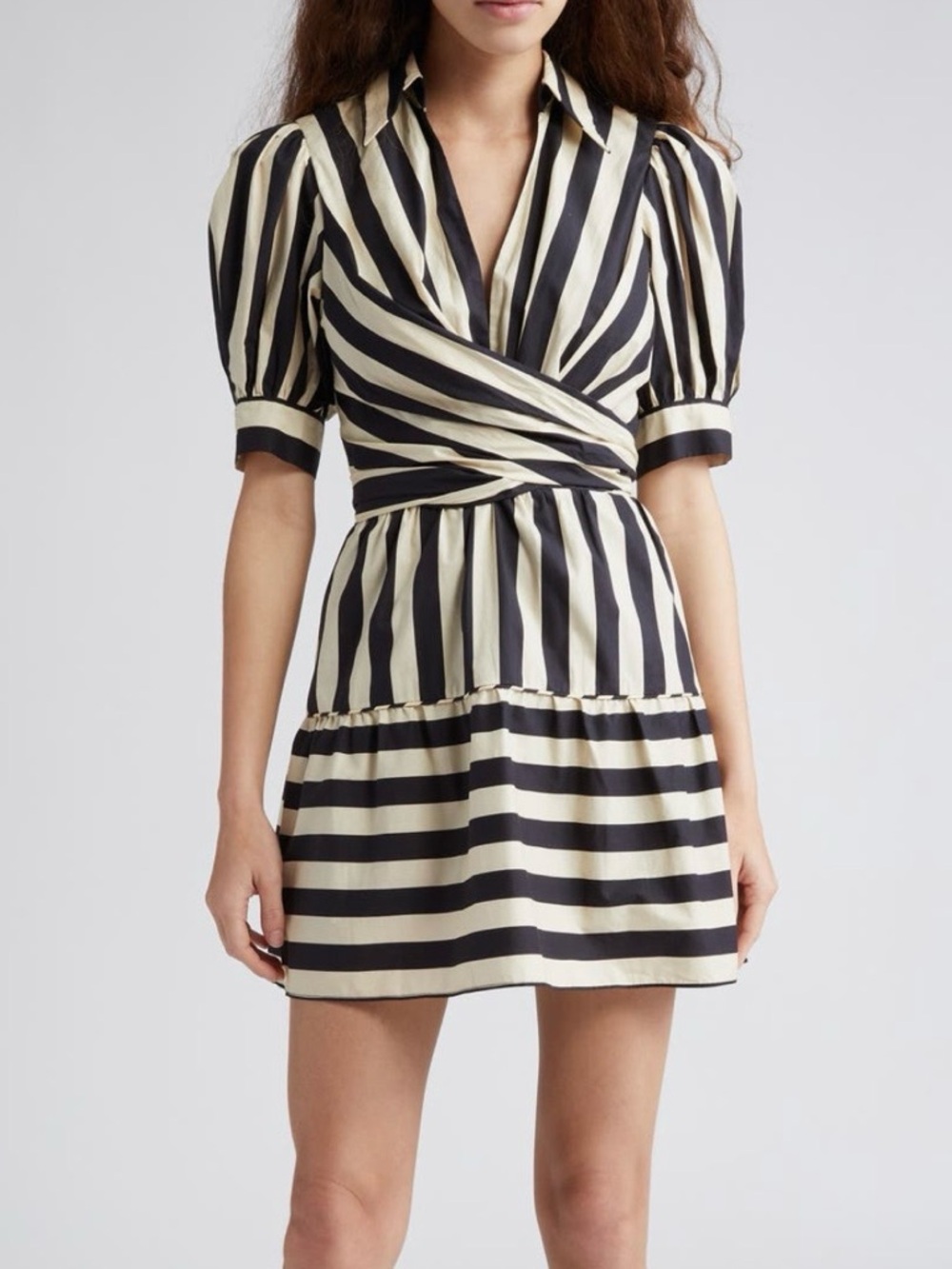 FARM Rio Mixed Stripe Mini Dress, Black/Off-White, Size S, NWT 🇧🇷